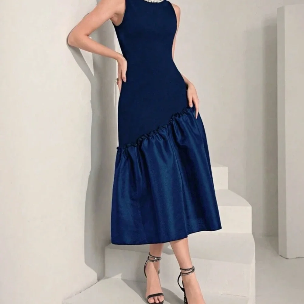 Modelyn Pearls Royal Blue Pearl Neckline Ruffle Hem Midi Dress - Picture 6 of 6